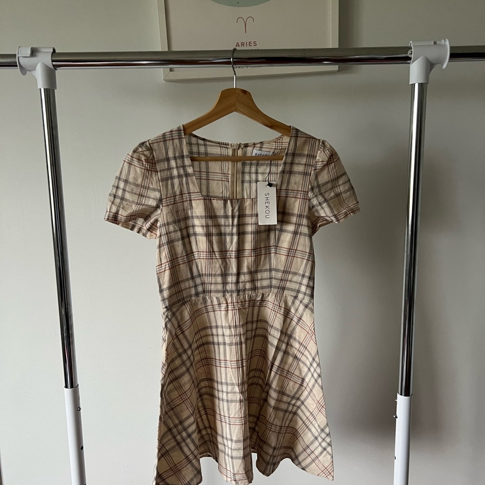 Tan and Brown A-Line Puff Sleeve Mini Dress